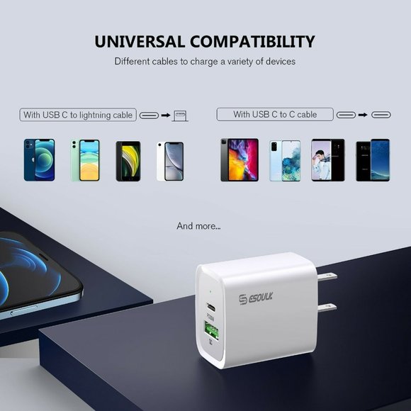 Esoulk White 20W Fast Charger Dual USB C Wall Charger iPhone13/12/X/Galaxy/Note - Picture 6 of 6